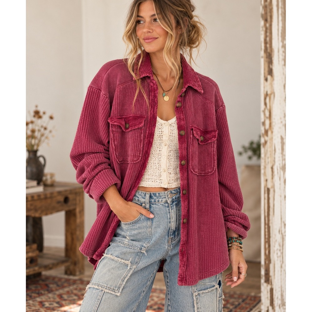 Briggs Womens Waffle Knit Corduroy Trim Shacket Berry Burgundy Size M